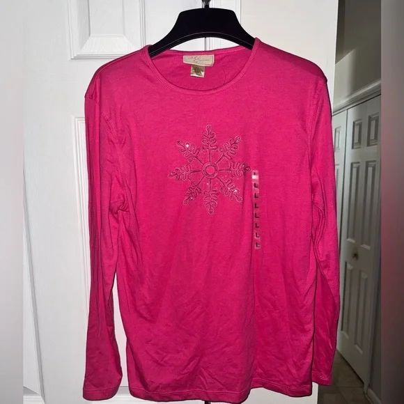 M&C Sportswear Women Long Sleeve Pink Snowflake T-Shirt Size L NWT hot pink - Picture 2 of 9